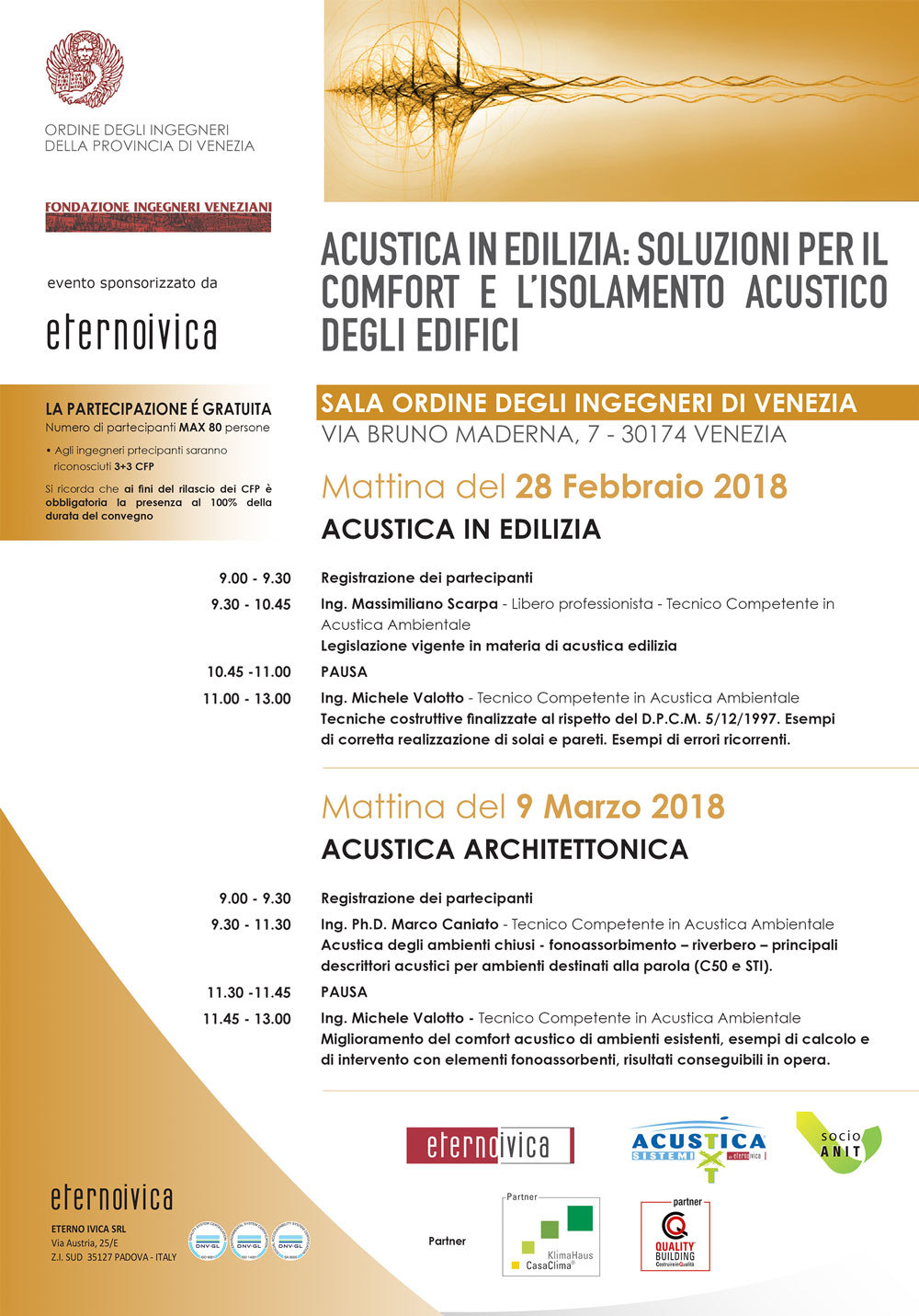 Locandina seminario di formazione a Venezia Mestre in materia di Acustica sponsorizzato da Eterno Ivica